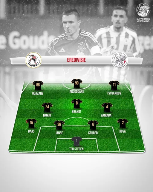 Ouazane, Tsygankov en Arokodare starten tegen Sparta. Verder opvallend: een achterhoede met Kehrer, Baas en Janse. Aftrap om 16.45 uur. ⚽ #ajax #spaaja