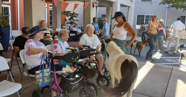🐴✨ A day at the petting zoo! Our residents soaked up the joy as they met some furry friends up close. Smiles and laughter filled the air as everyone enjoyed a little animal magic together. Here’s to creating cherished memories and plenty of happy moments! 🦄❤️ #CogirOfStockRanch #CommunityJoy #AnimalEncounters #NationalAssistedLivingWeek